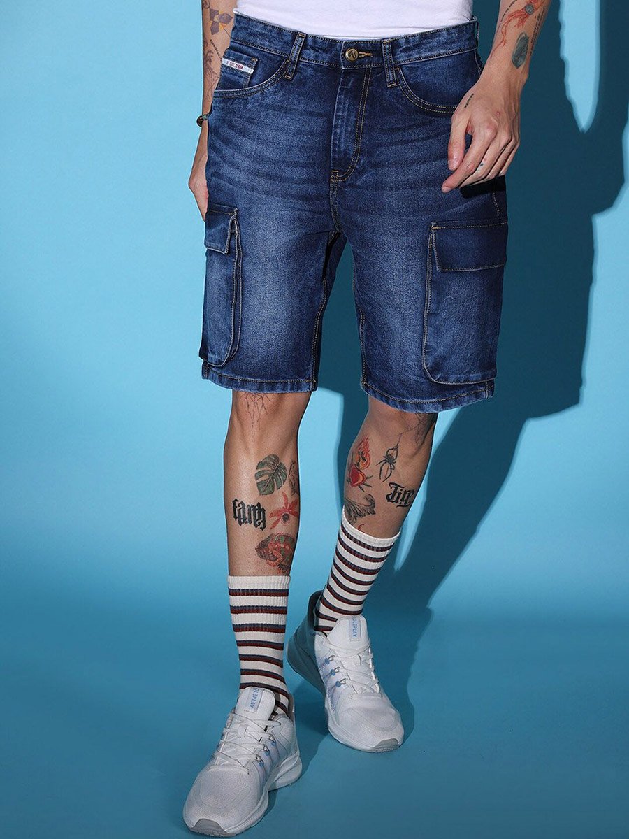 Men Blue Acid Wash Denim Cargo Shorts