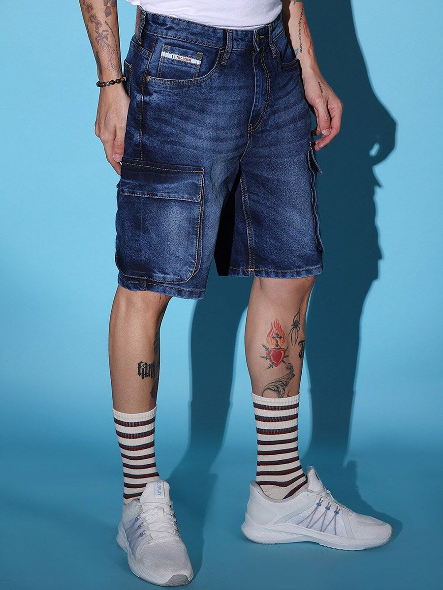 Men Blue Acid Wash Denim Cargo Shorts
