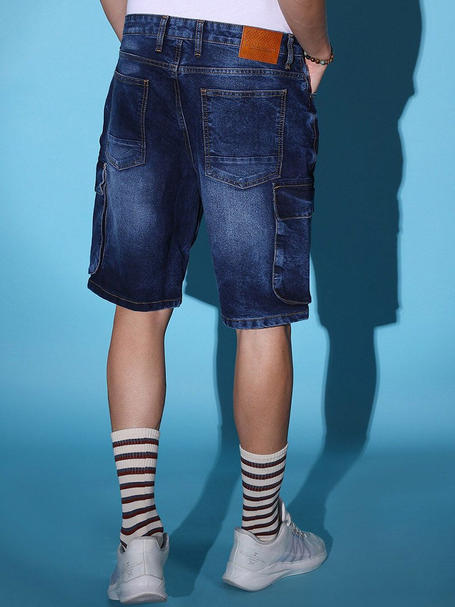 Men Blue Acid Wash Denim Cargo Shorts