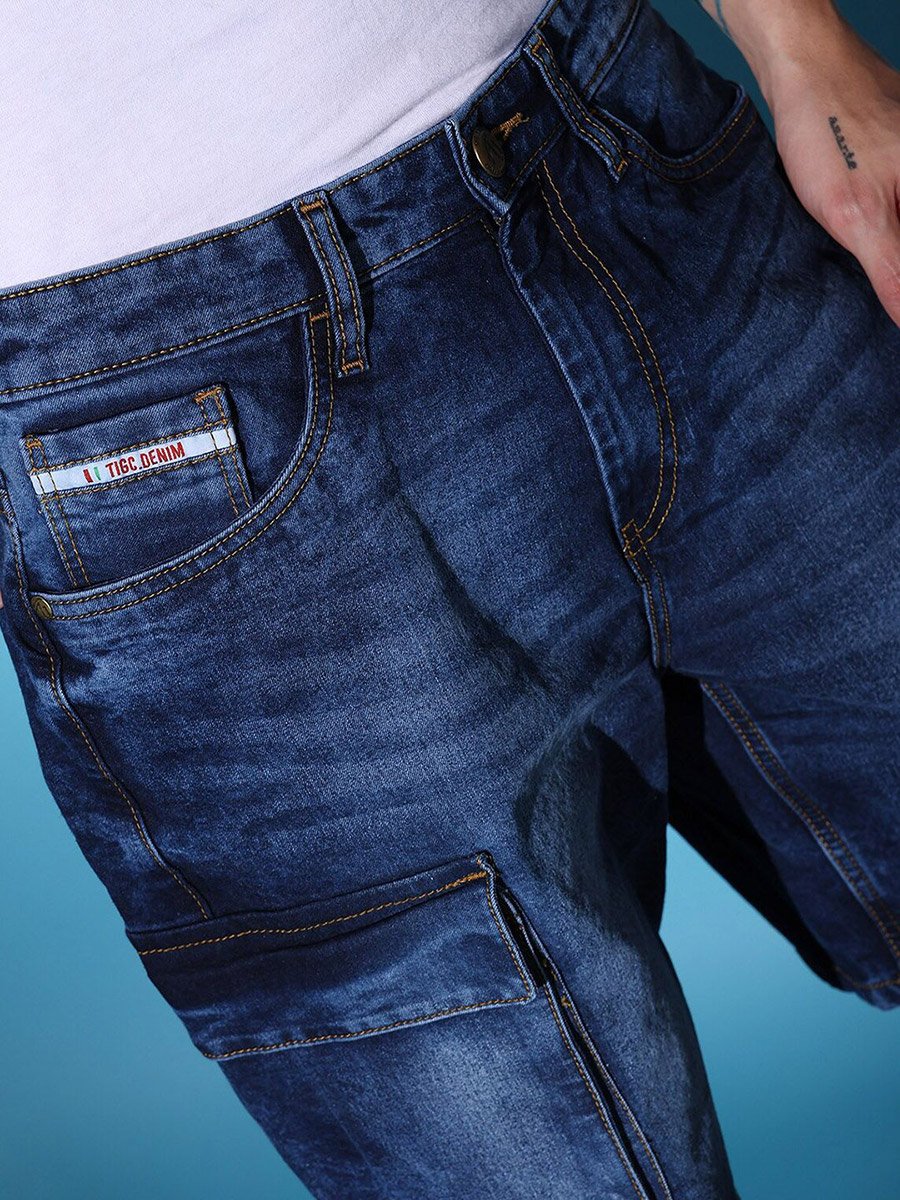 Men Blue Acid Wash Denim Cargo Shorts