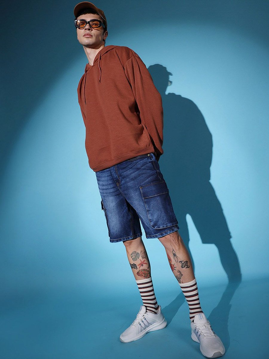 Men Blue Acid Wash Denim Cargo Shorts