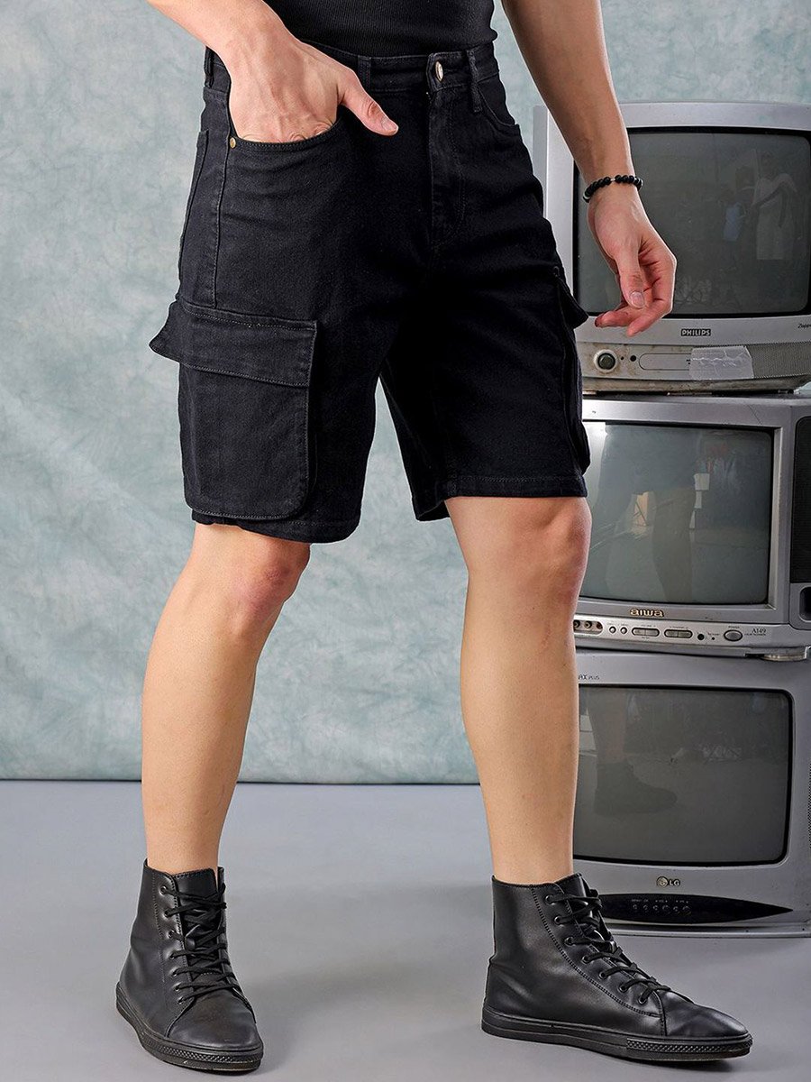 Men Black Regular Fit Solid Shorts