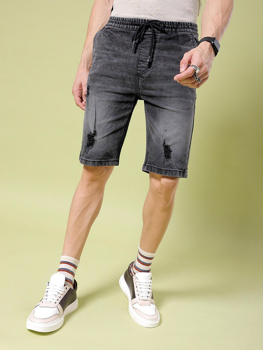 Men Black Acid Wash Slim Fit Shorts