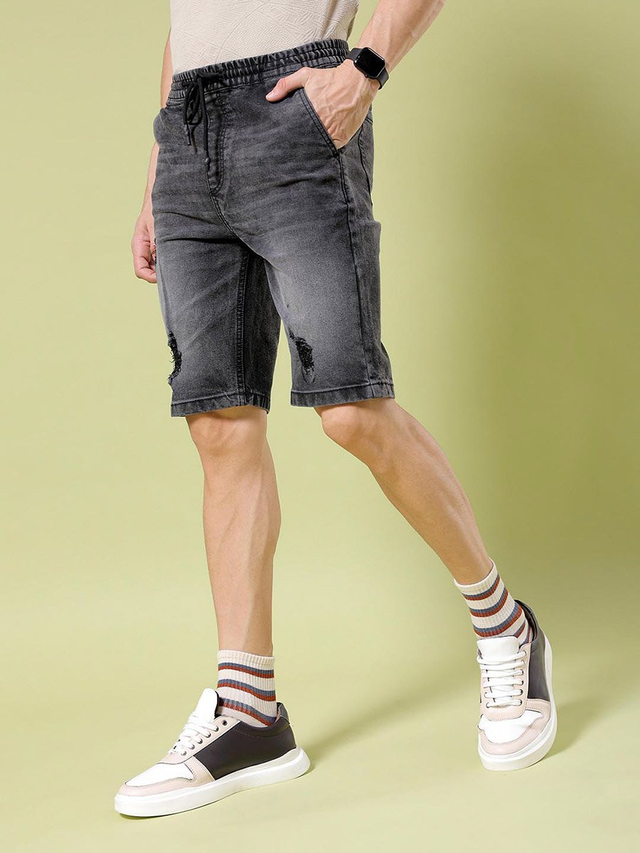 Men Black Acid Wash Slim Fit Shorts