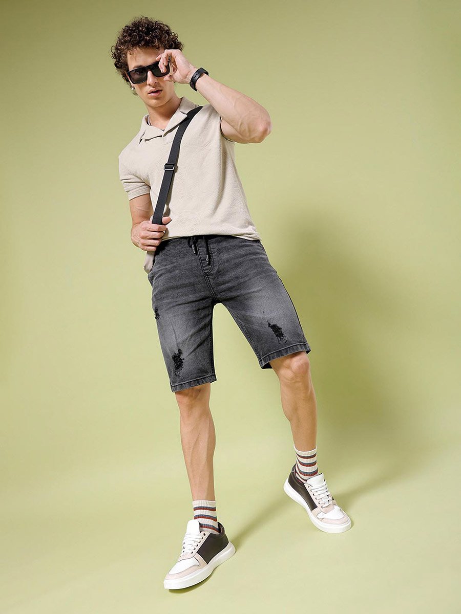 Men Black Acid Wash Slim Fit Shorts