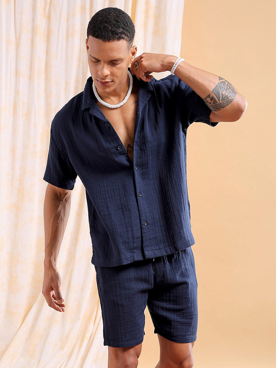 Men Navy Solid Cotton Shirt and Shorts Set