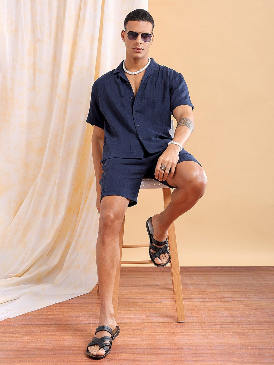 Men Navy Solid Cotton Shirt and Shorts Set