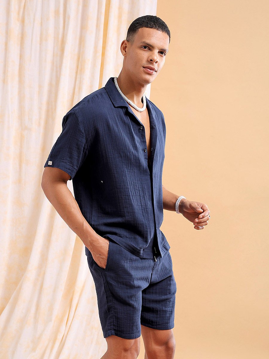 Men Navy Solid Cotton Shirt and Shorts Set