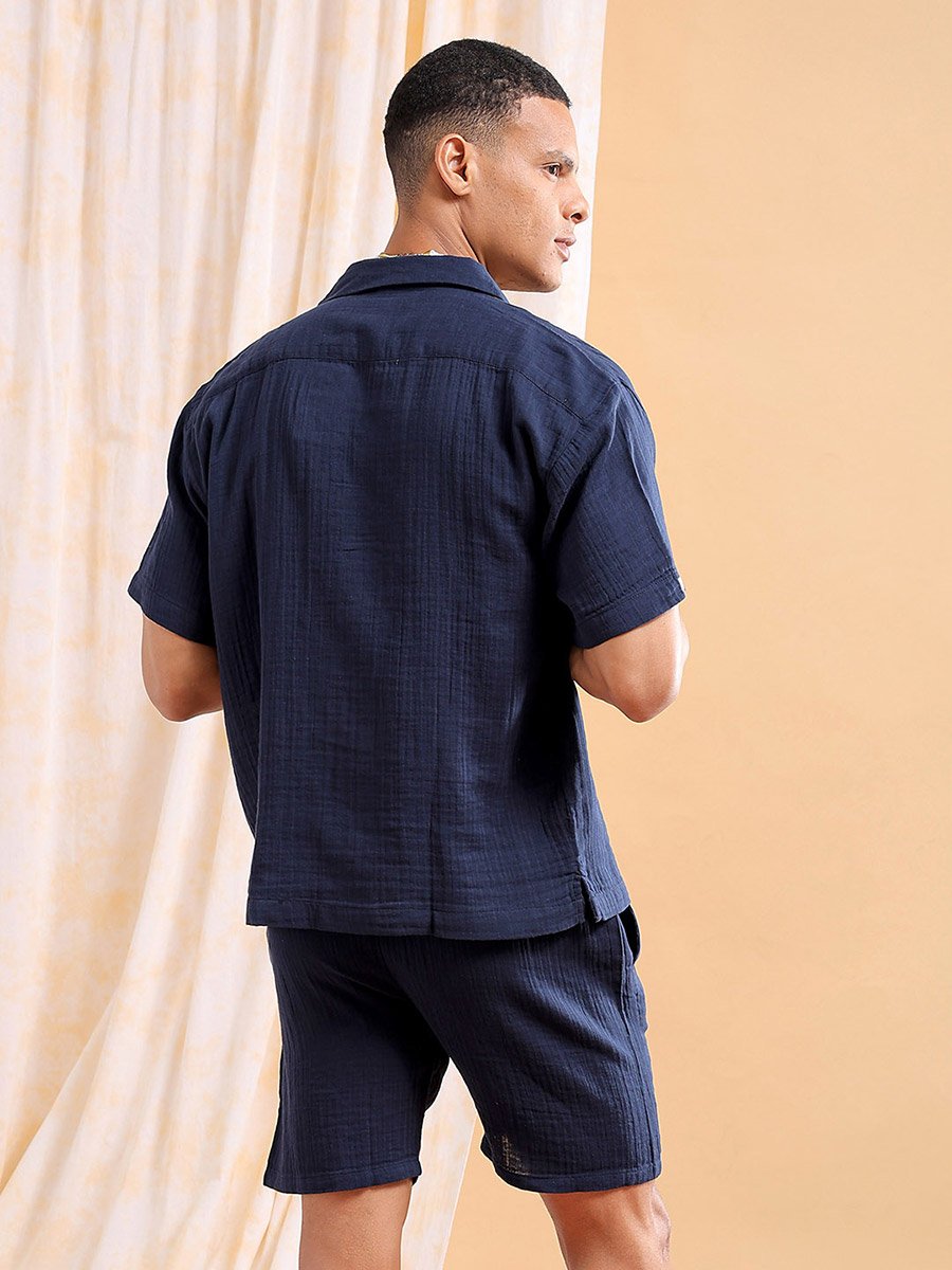 Men Navy Solid Cotton Shirt and Shorts Set