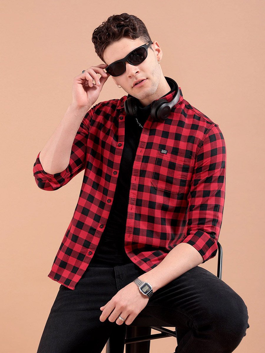 Men Red Slim Fit Checked Shirt