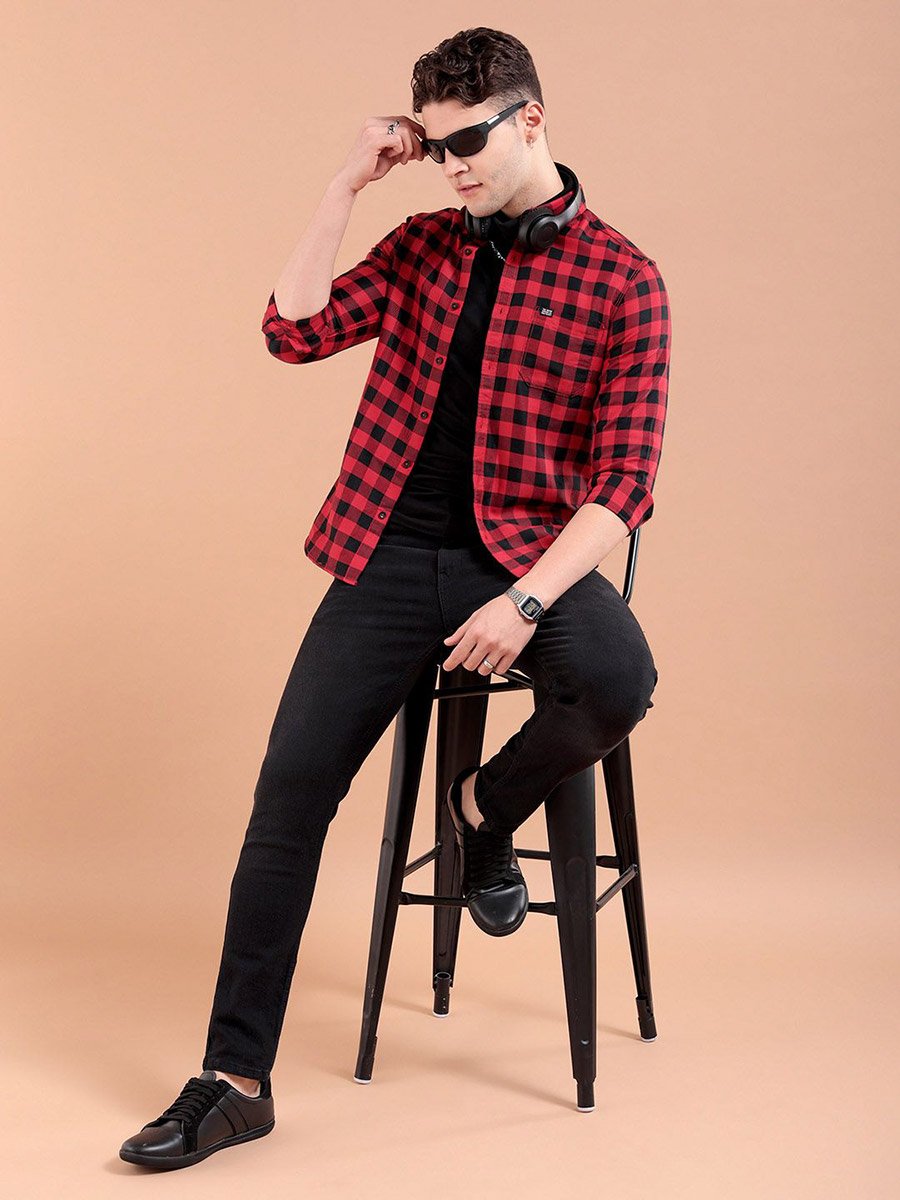 Men Red Slim Fit Checked Shirt