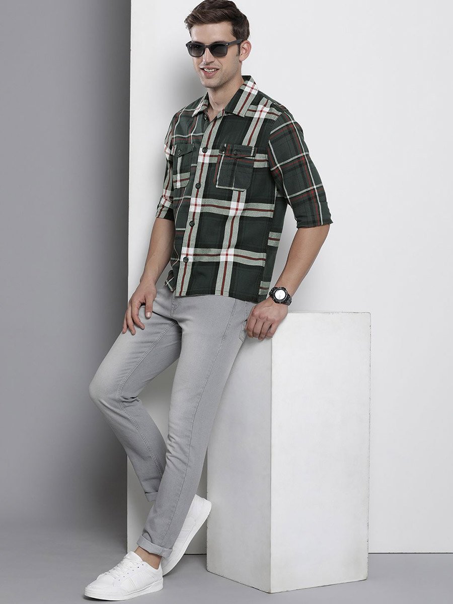 Men Regular Fit Grey Checked Shirt