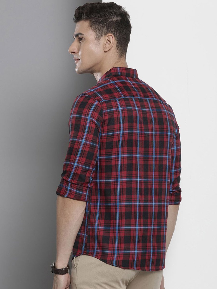 Men Red Plaid Spread Collar Shirt