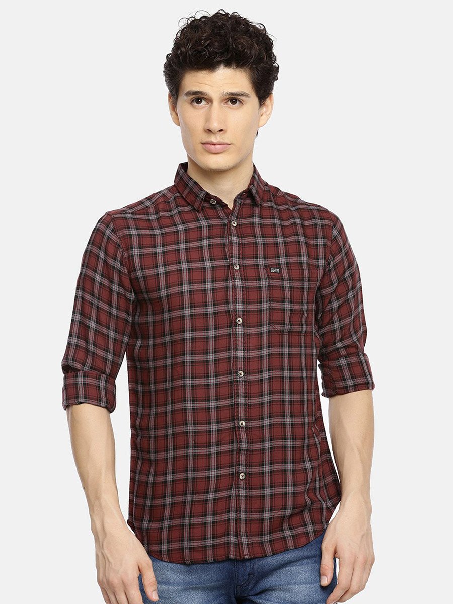 Burgundy Checkered Slim Fit Shirt