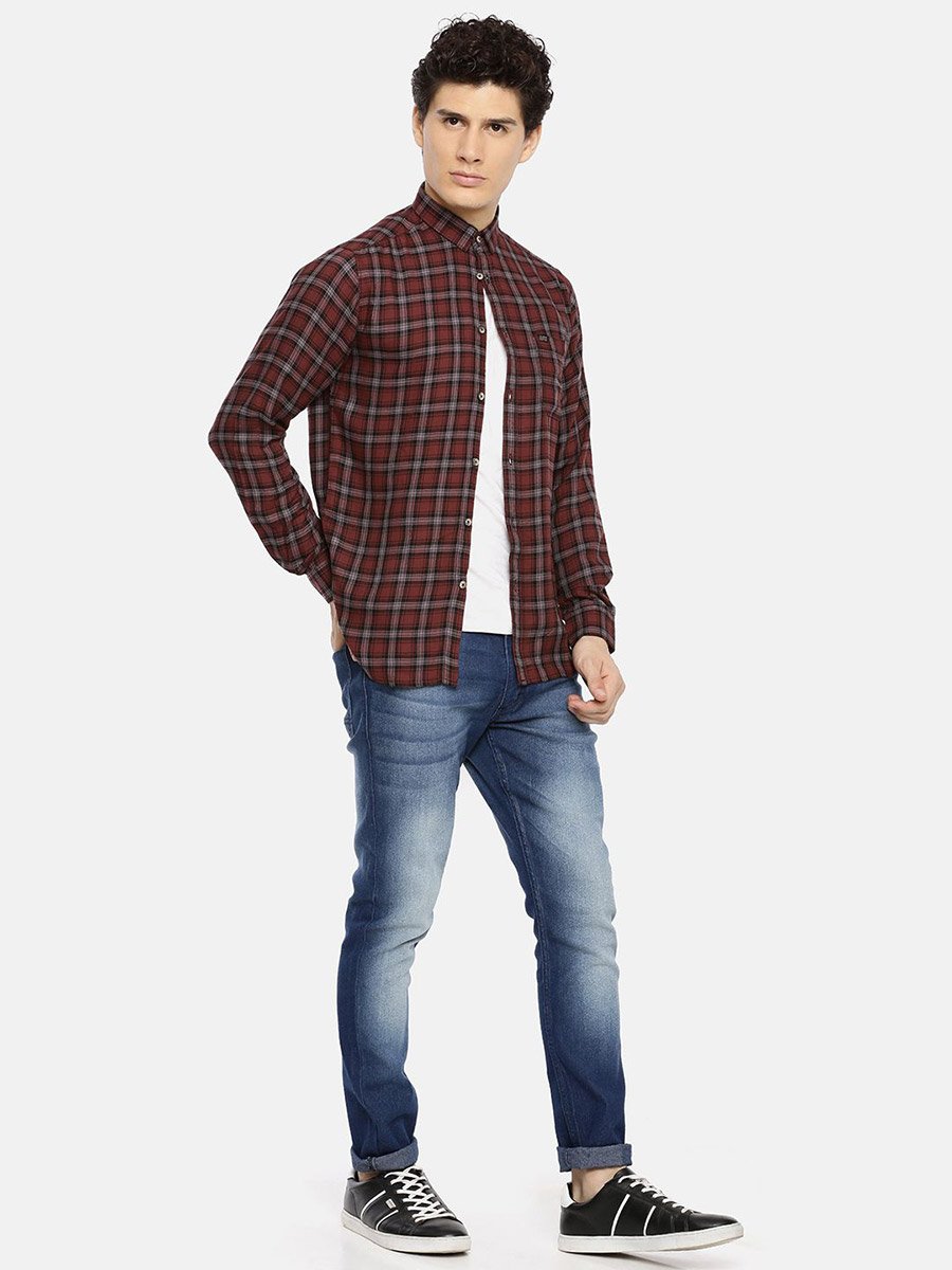 Burgundy Checkered Slim Fit Shirt