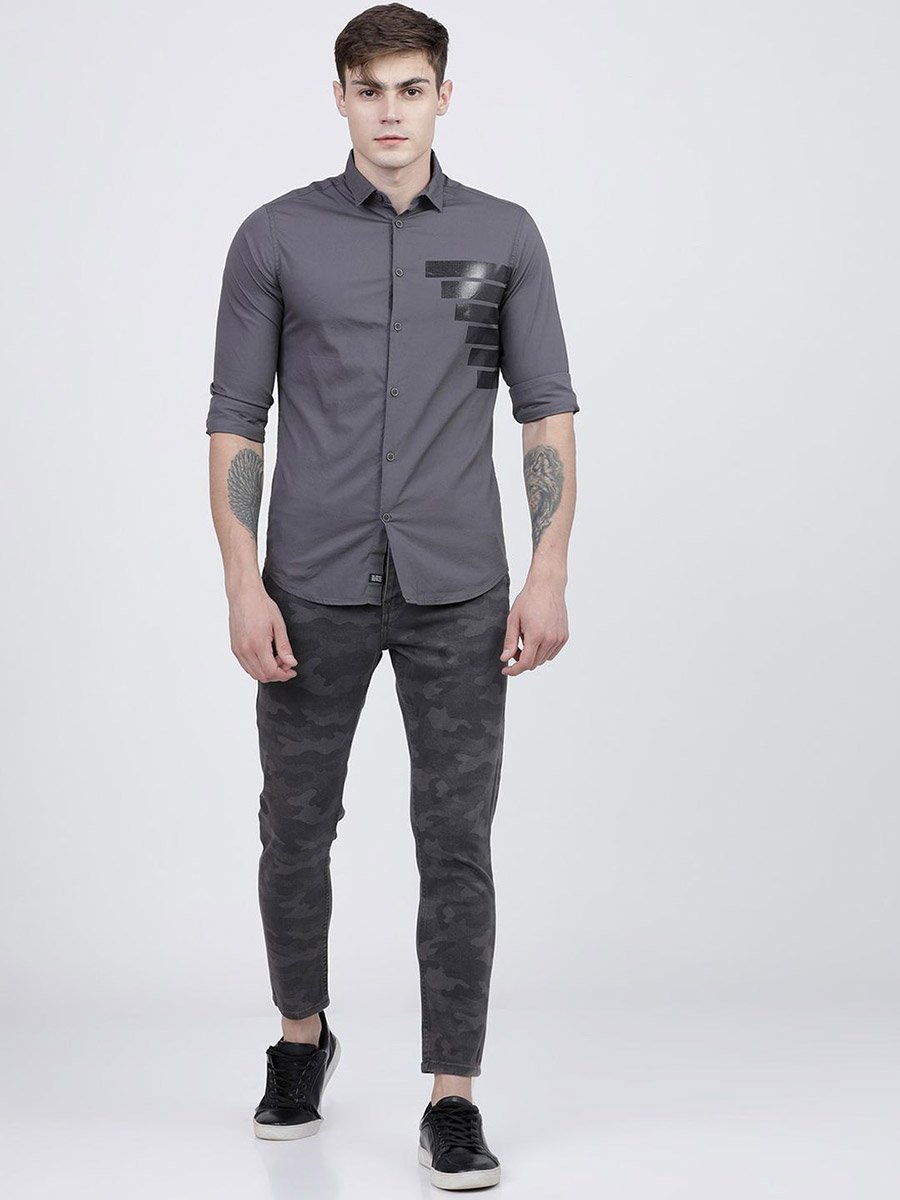 Men Slim Fit Grey Placement Printed Shirt