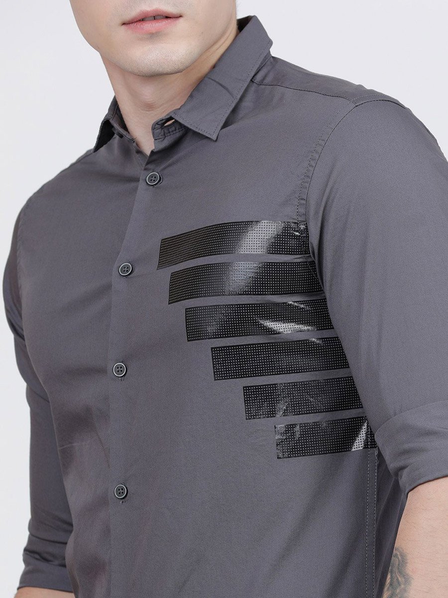 Men Slim Fit Grey Placement Printed Shirt
