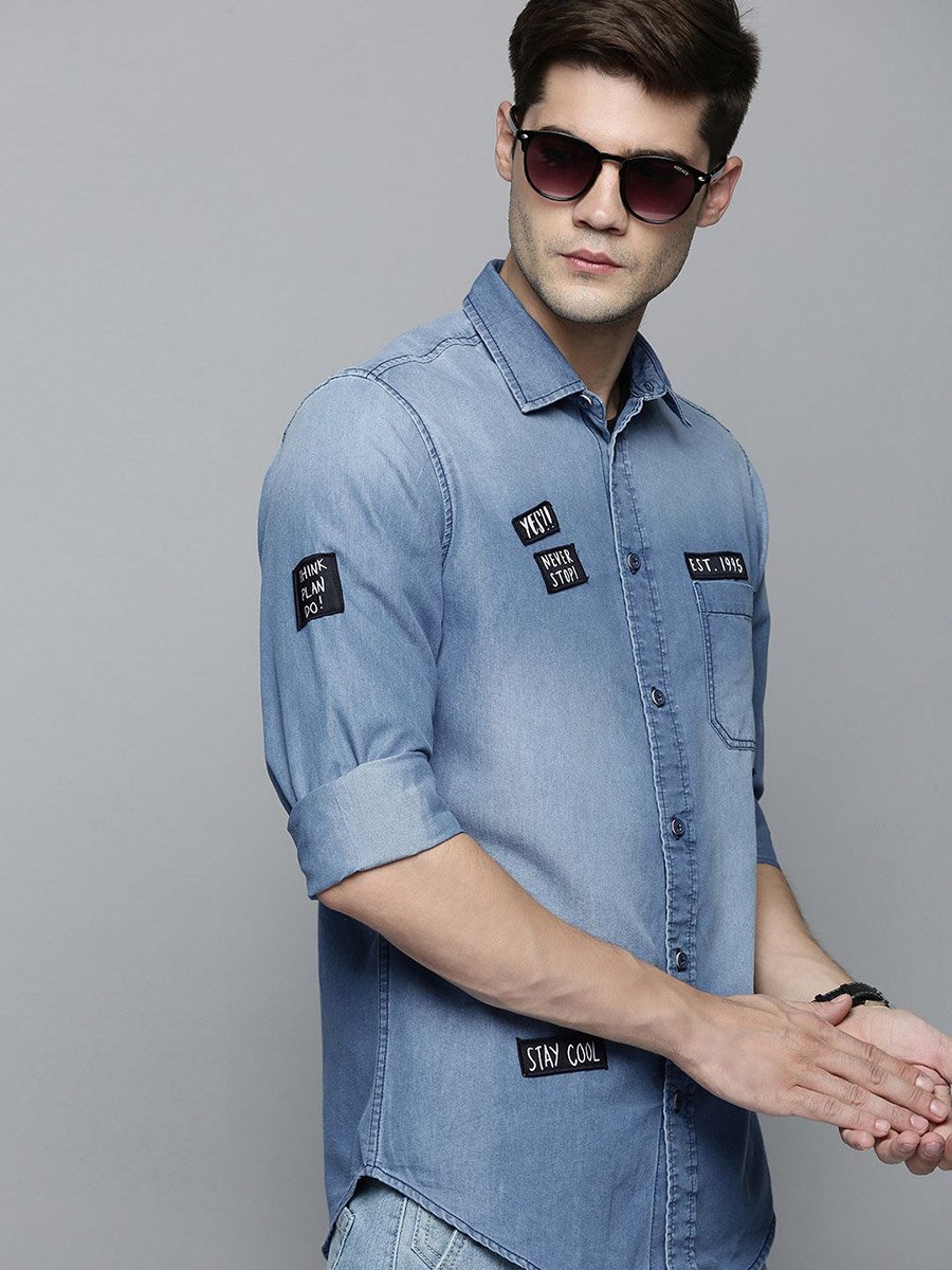 Men Blue Casual Shirt with Patches