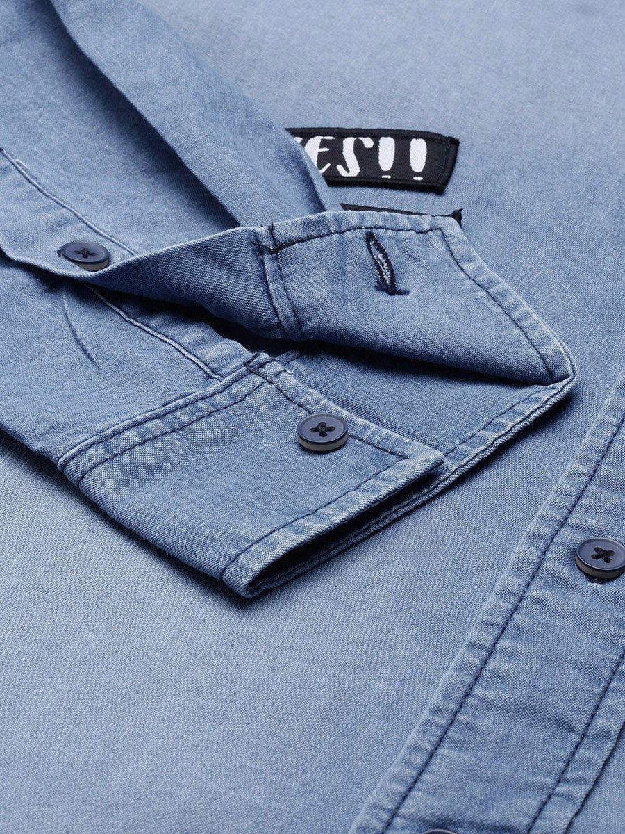 Men Blue Casual Shirt with Patches