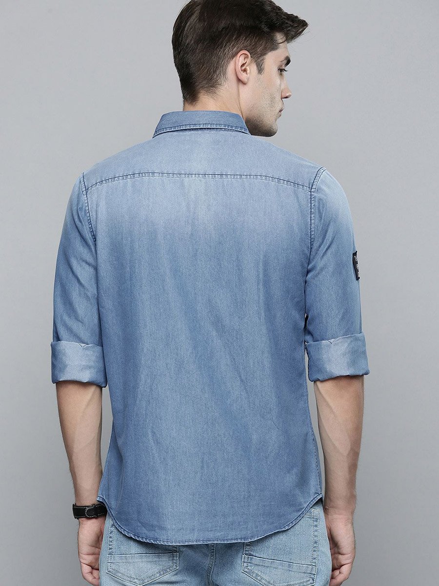 Men Blue Casual Shirt with Patches