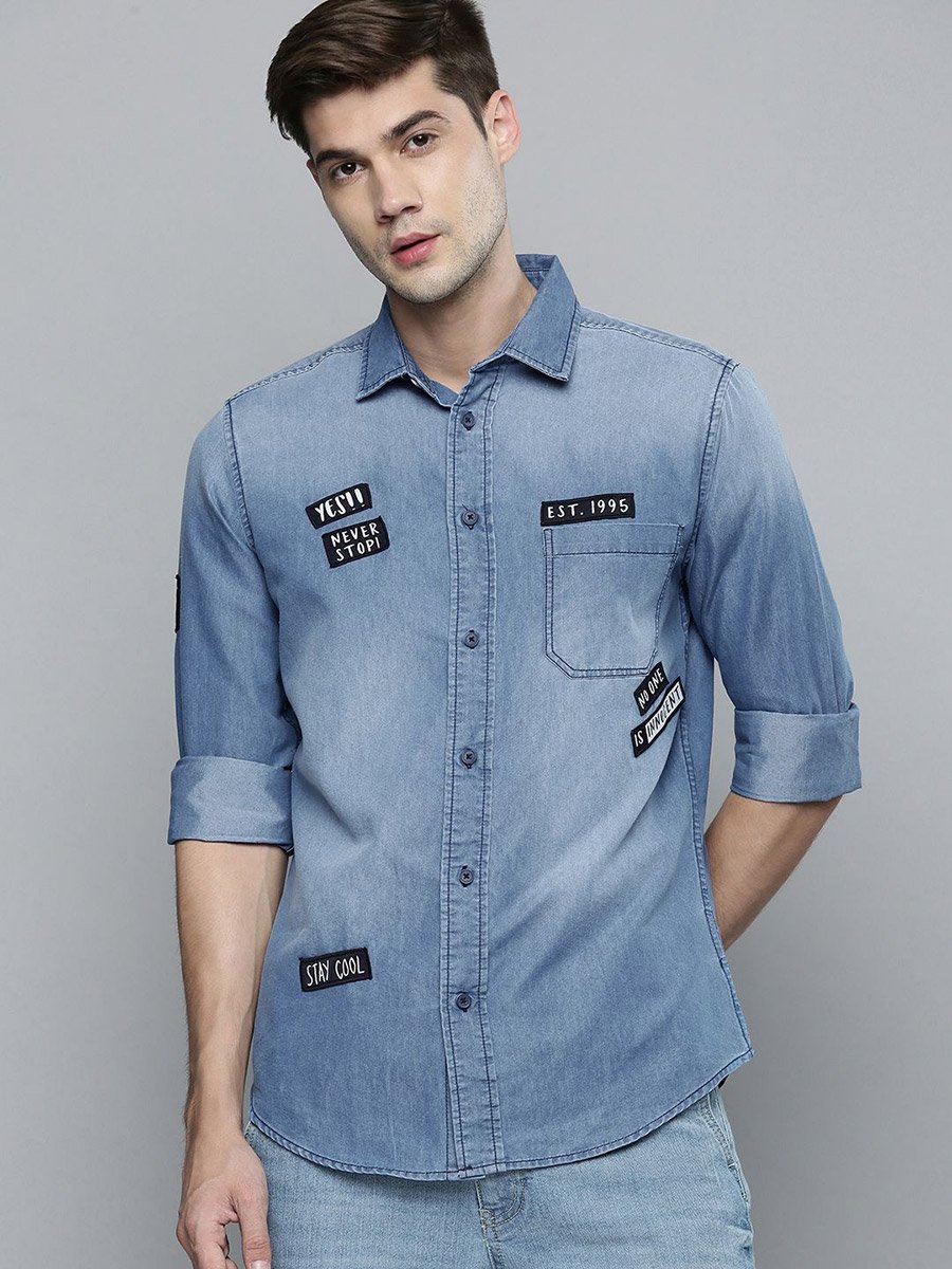 Men Blue Casual Shirt with Patches