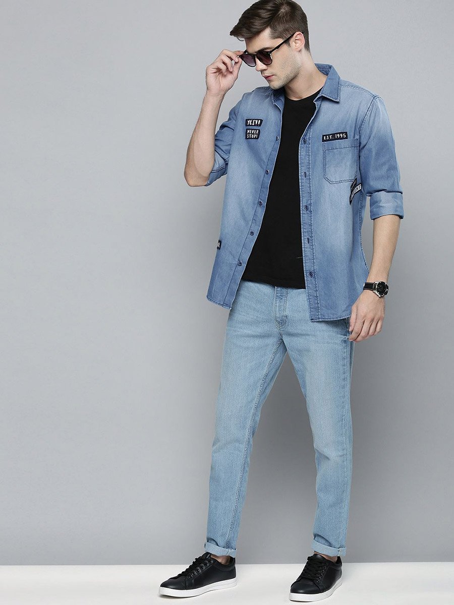 Men Blue Casual Shirt with Patches