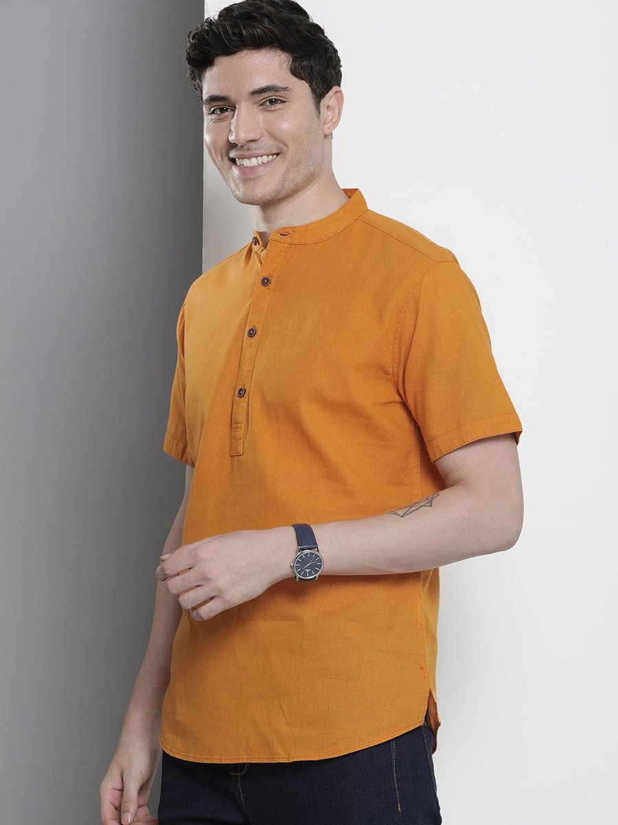 Men Orange Mandarin Collar Shirt
