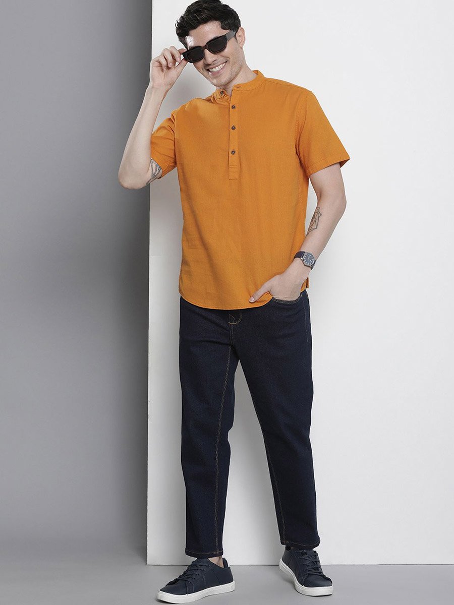 Men Orange Mandarin Collar Shirt