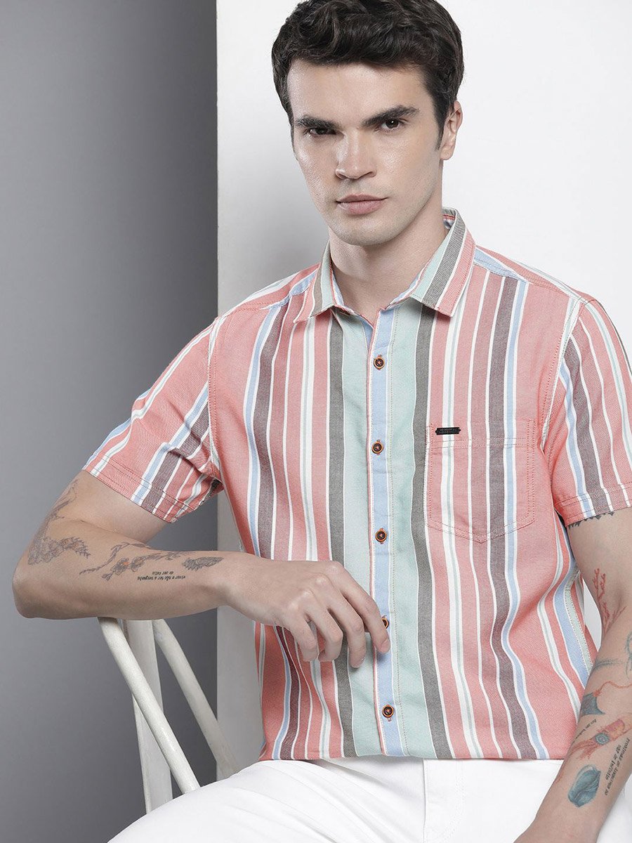 Men Pink Striped Short Sleeve Shirt