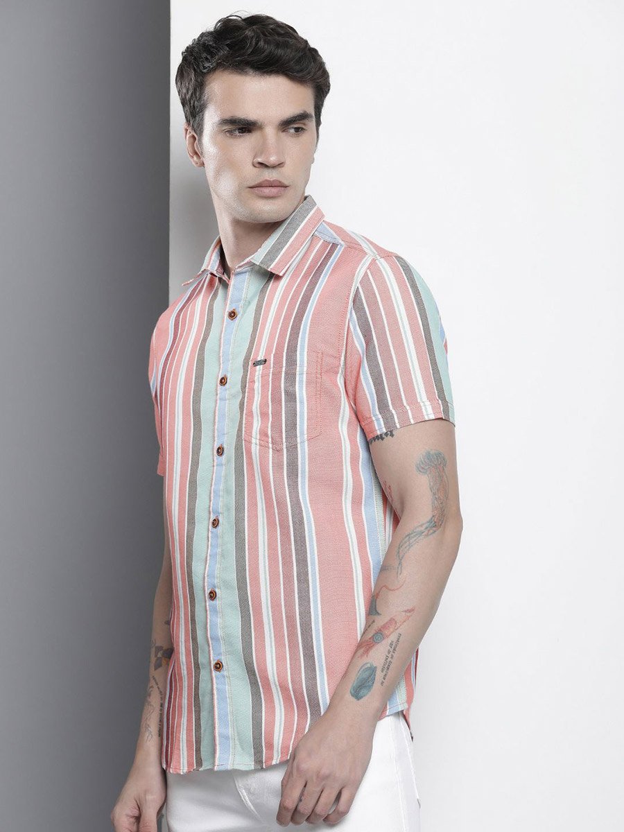 Men Pink Striped Short Sleeve Shirt