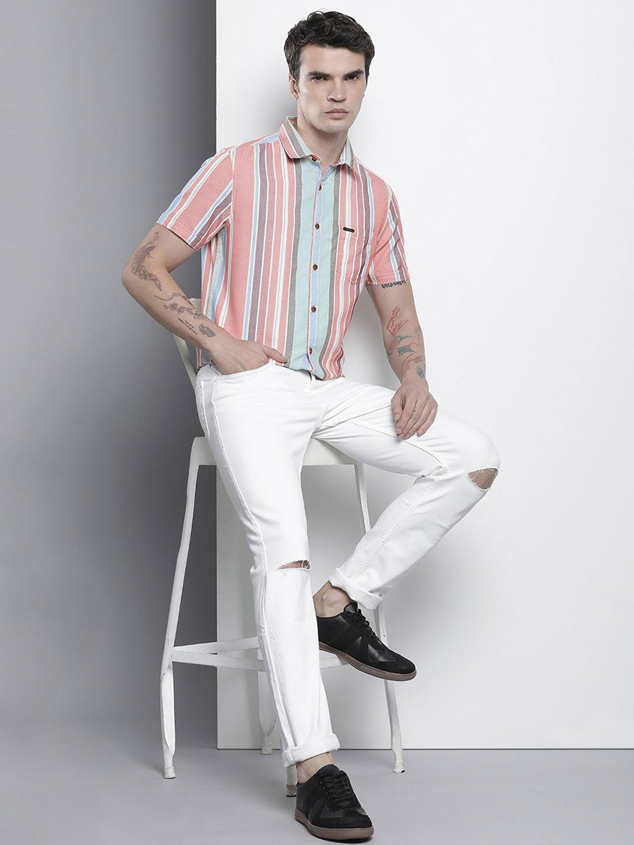 Men Pink Striped Short Sleeve Shirt