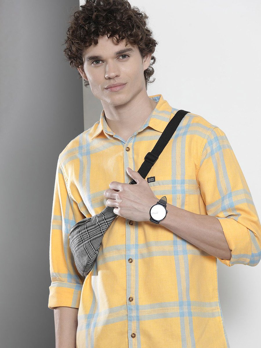 Men Yellow Checked Regular Fit Shirt 