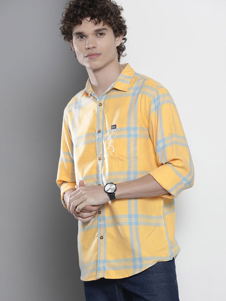 Men Yellow Checked Regular Fit Shirt 