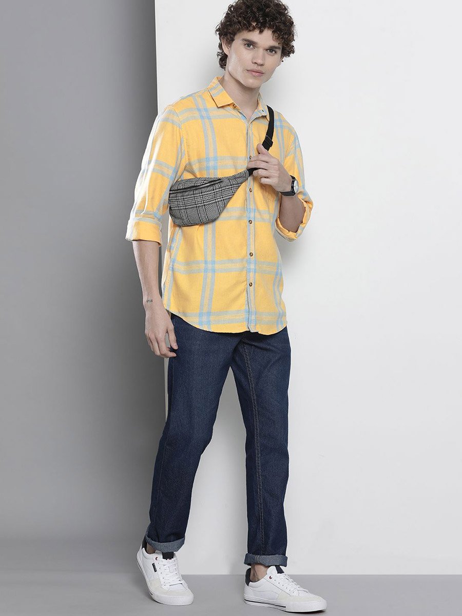 Men Yellow Checked Regular Fit Shirt 