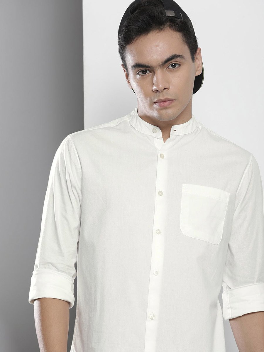 Men White Mandarin Collar Shirt