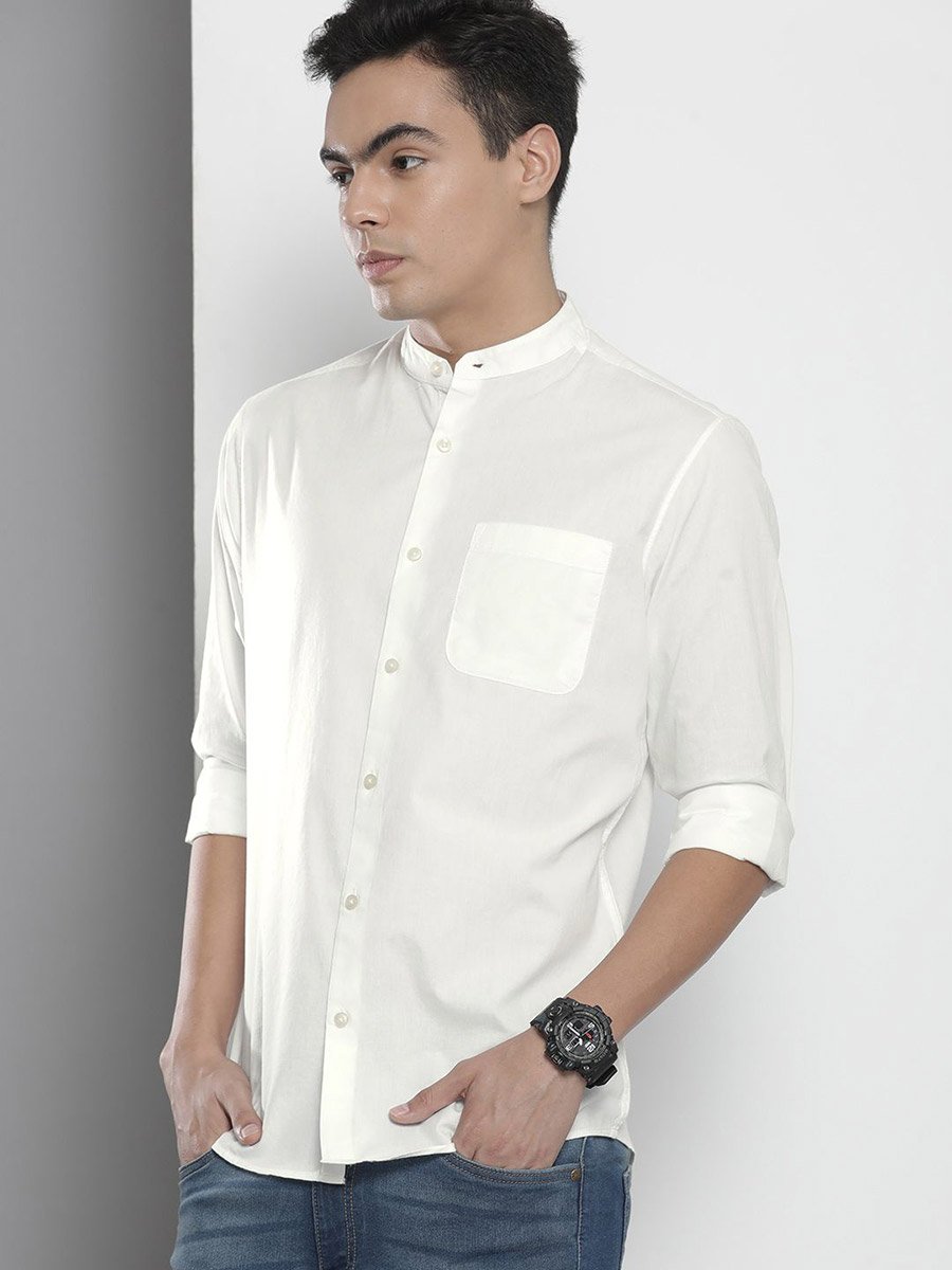 Men White Mandarin Collar Shirt