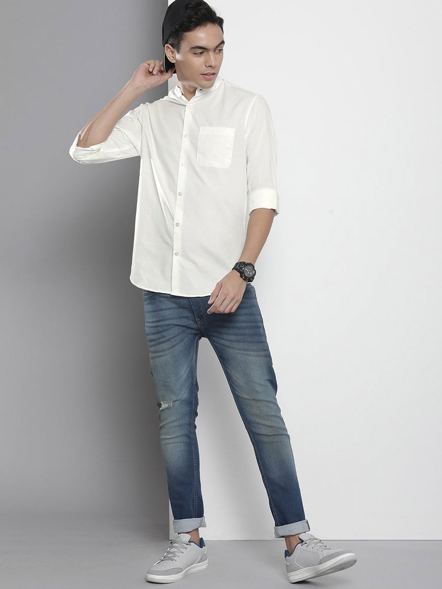 Men White Mandarin Collar Shirt