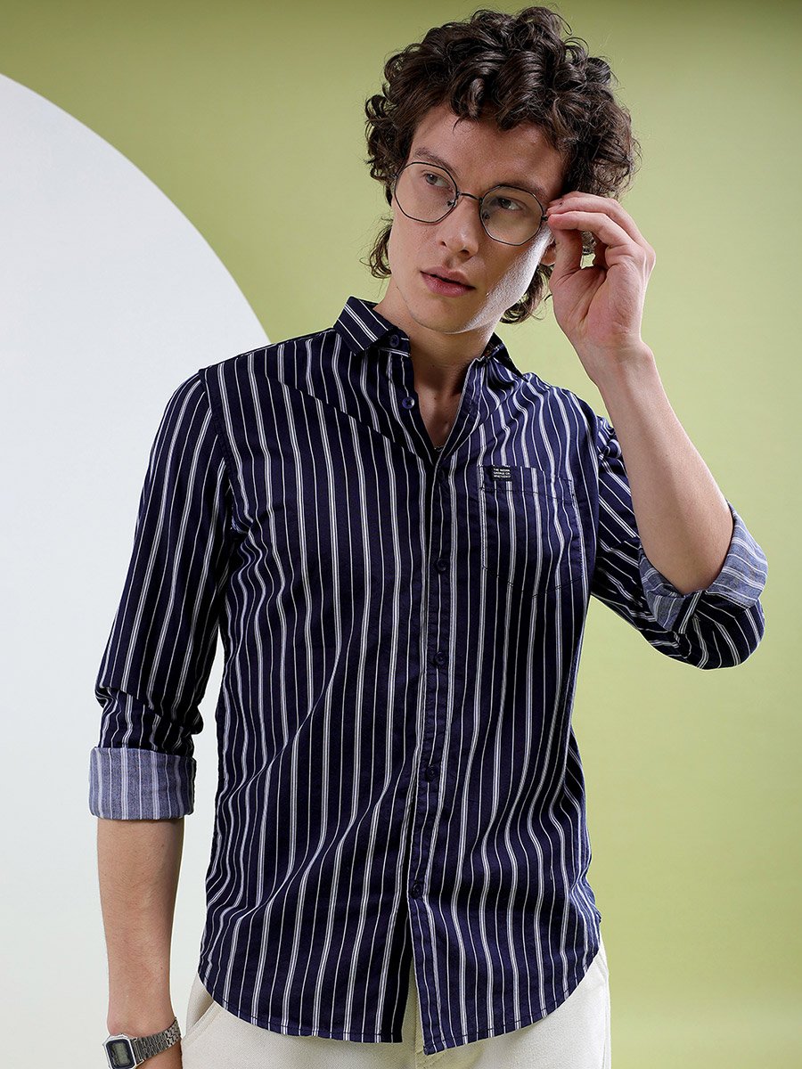Men Navy Blue Striped Spread Collar Shirt