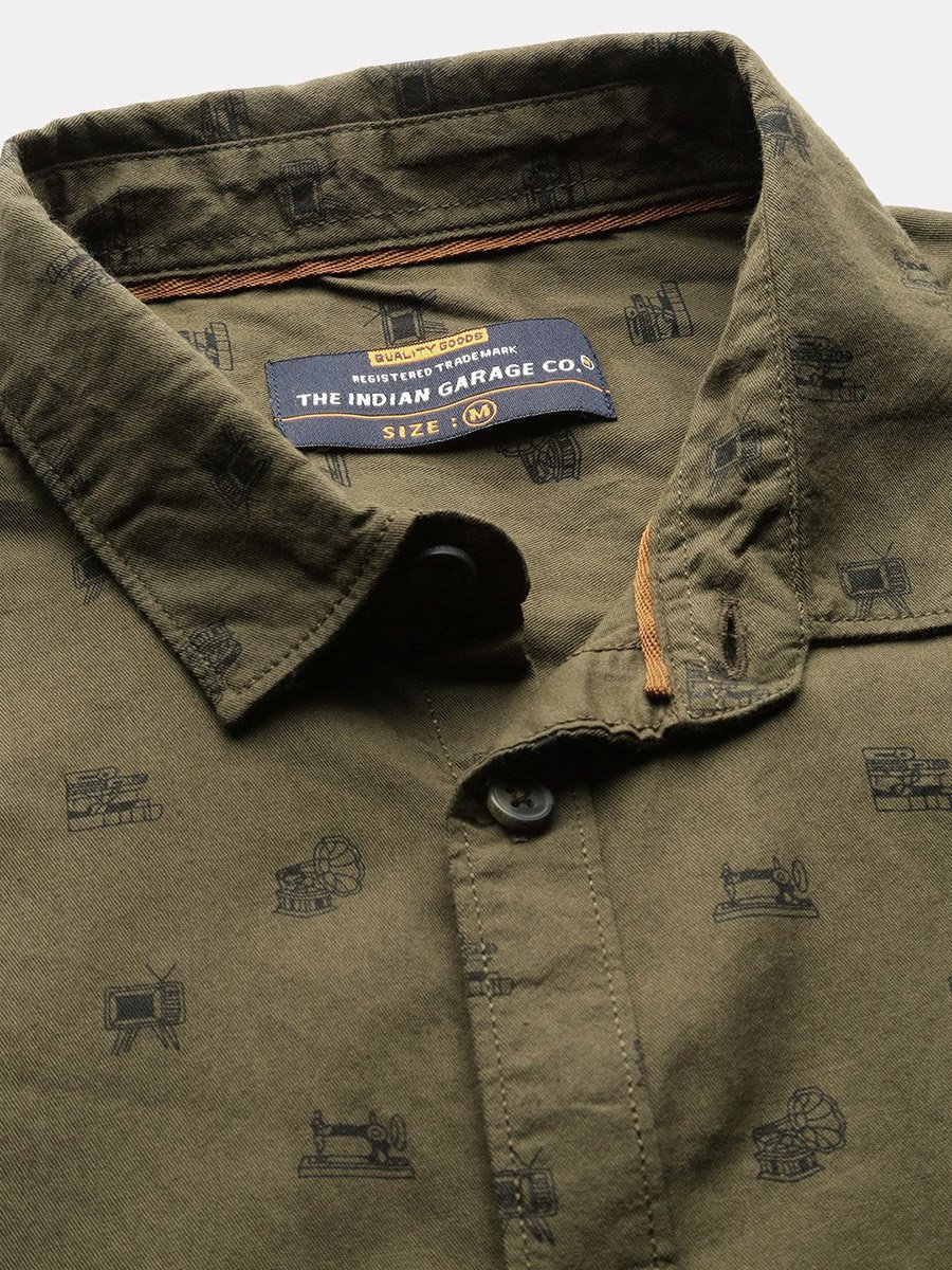 Olive Graphic Print Slim Fit Shirt