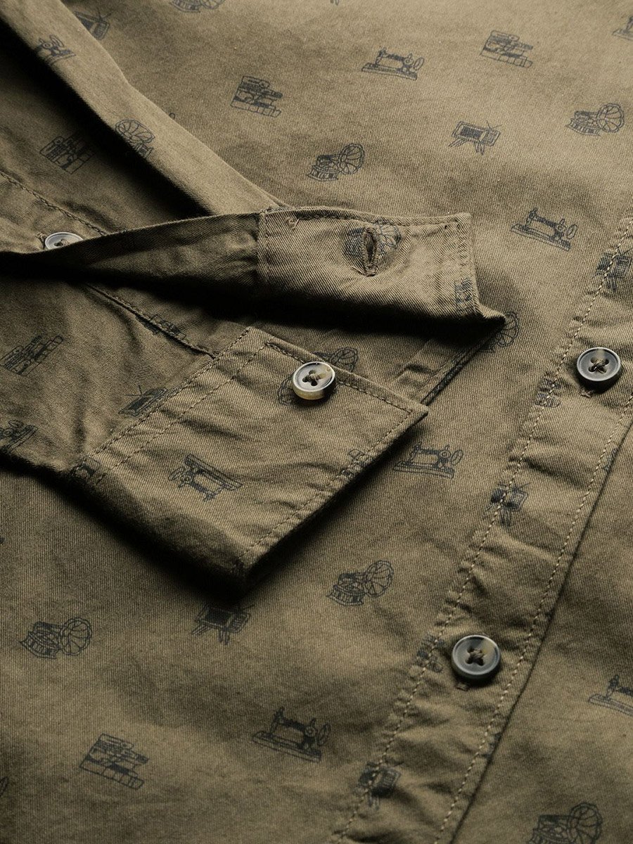 Olive Graphic Print Slim Fit Shirt