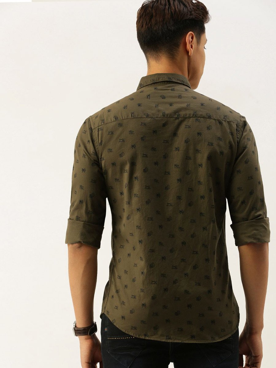 Olive Graphic Print Slim Fit Shirt