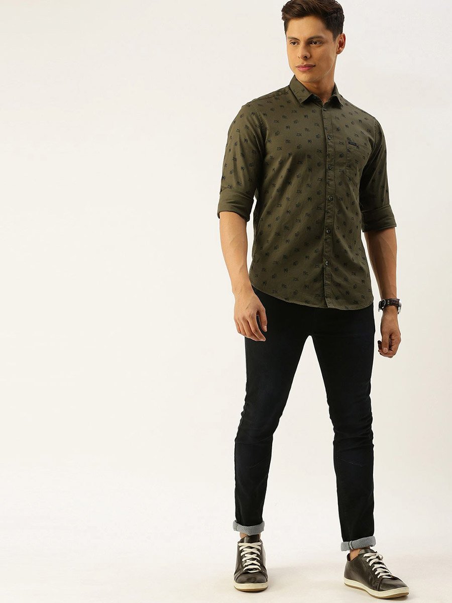 Olive Graphic Print Slim Fit Shirt