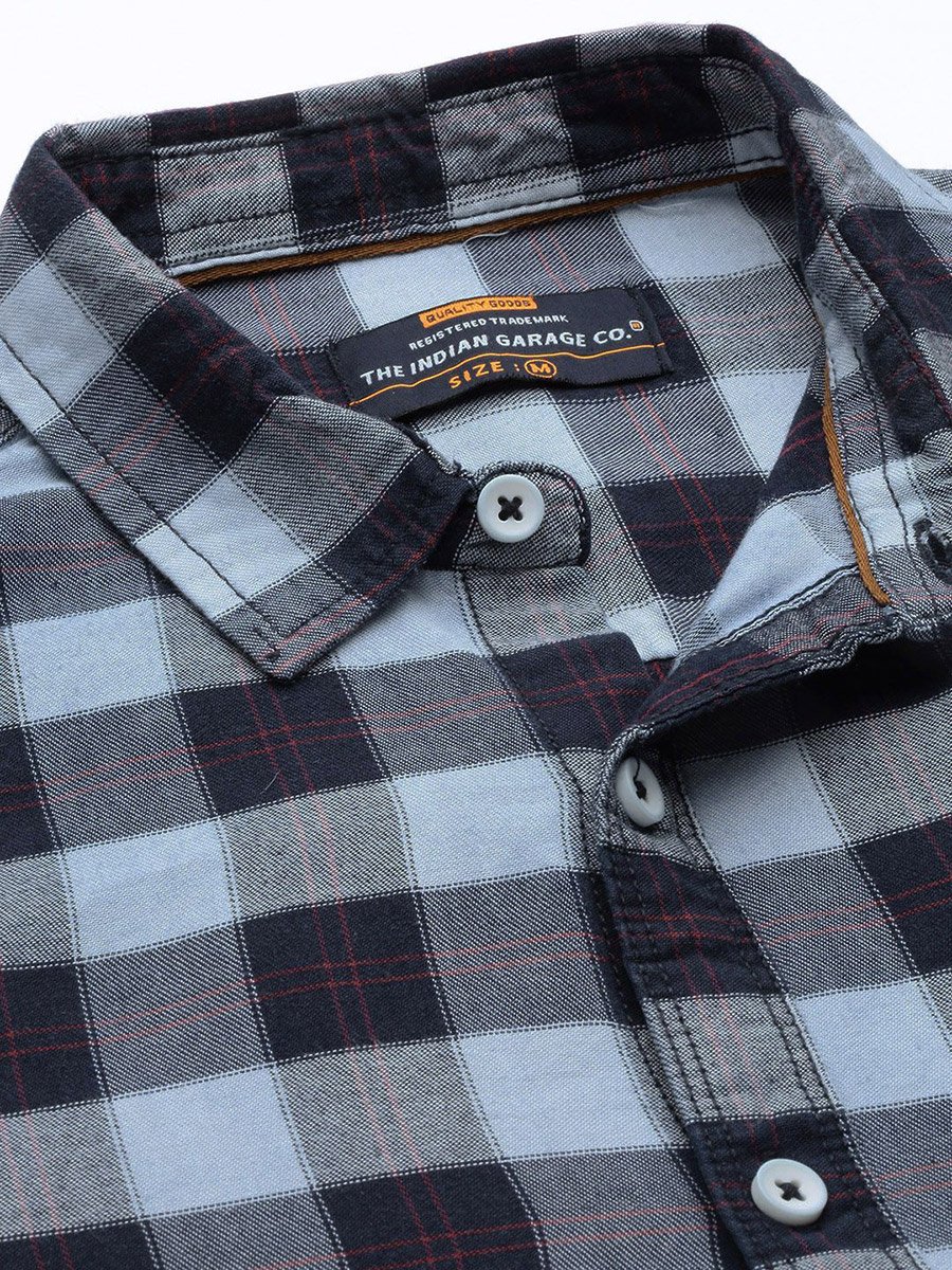Men Navy Blue Checked Spread Collar Shirt