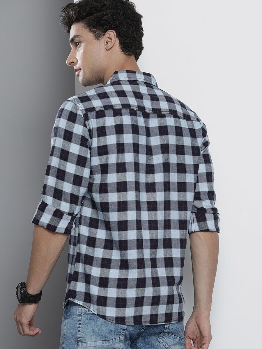 Men Navy Blue Checked Spread Collar Shirt
