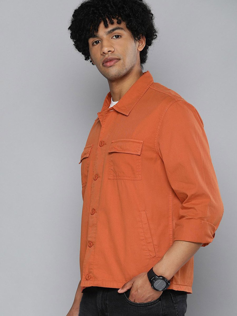 Men Rust Solid Slim Fit Shirt