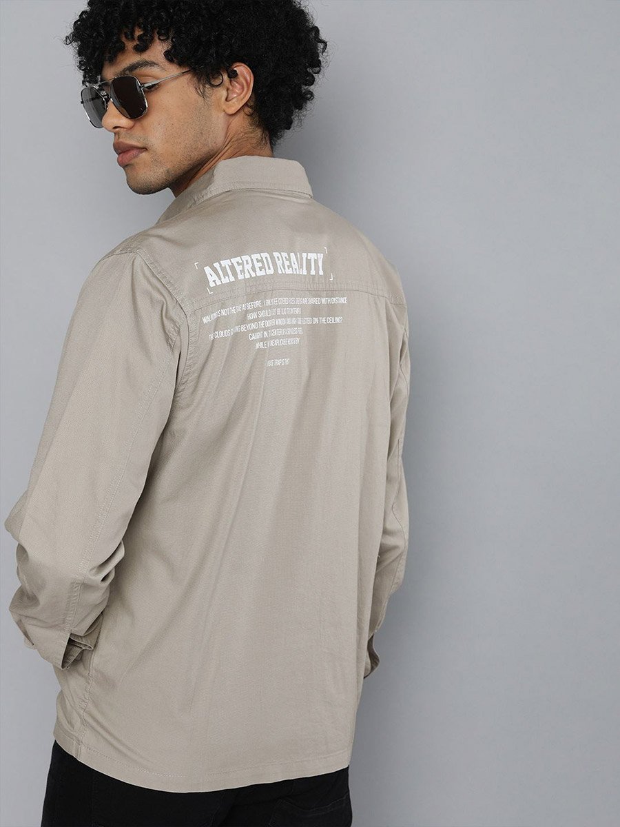 Men Beige Slogan Print Casual Shirt