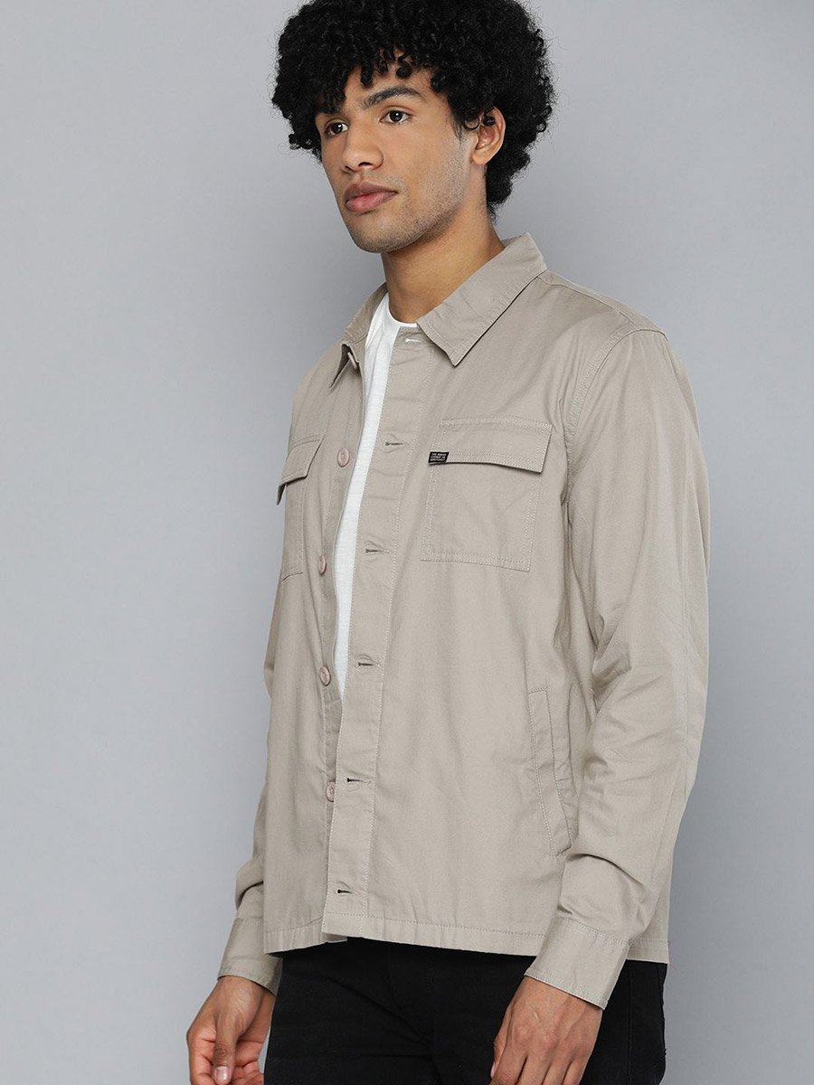 Men Beige Slogan Print Casual Shirt