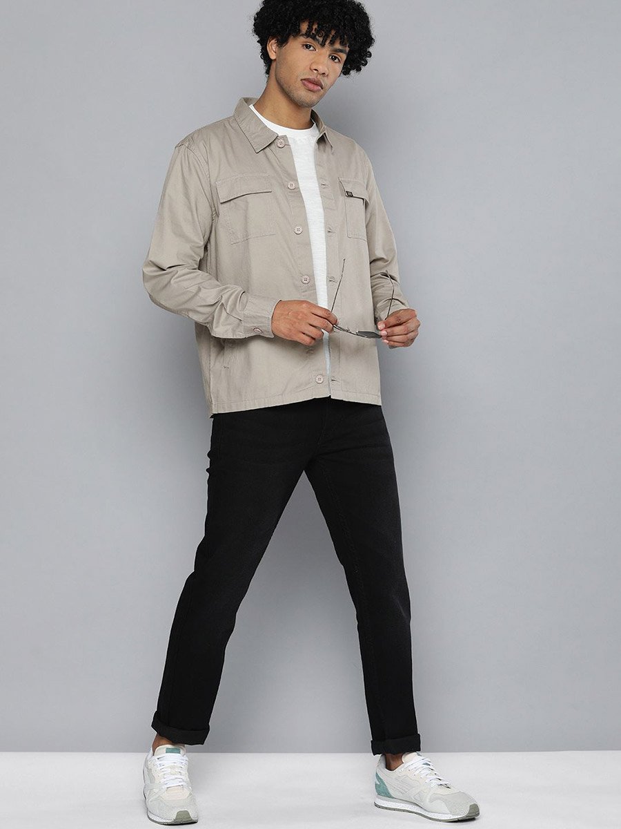 Men Beige Slogan Print Casual Shirt