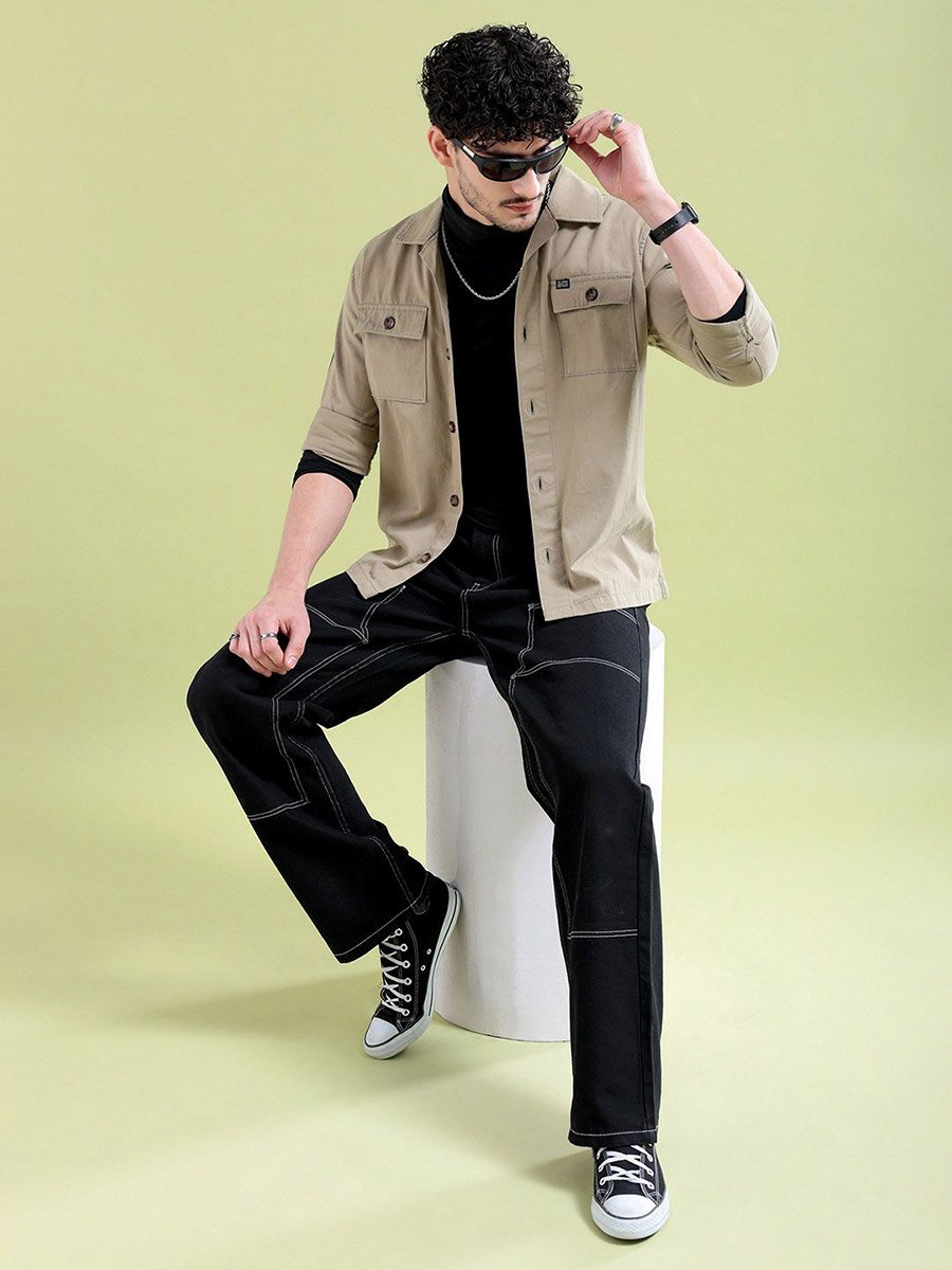 Men Khaki Back Graphic Casual Shirt