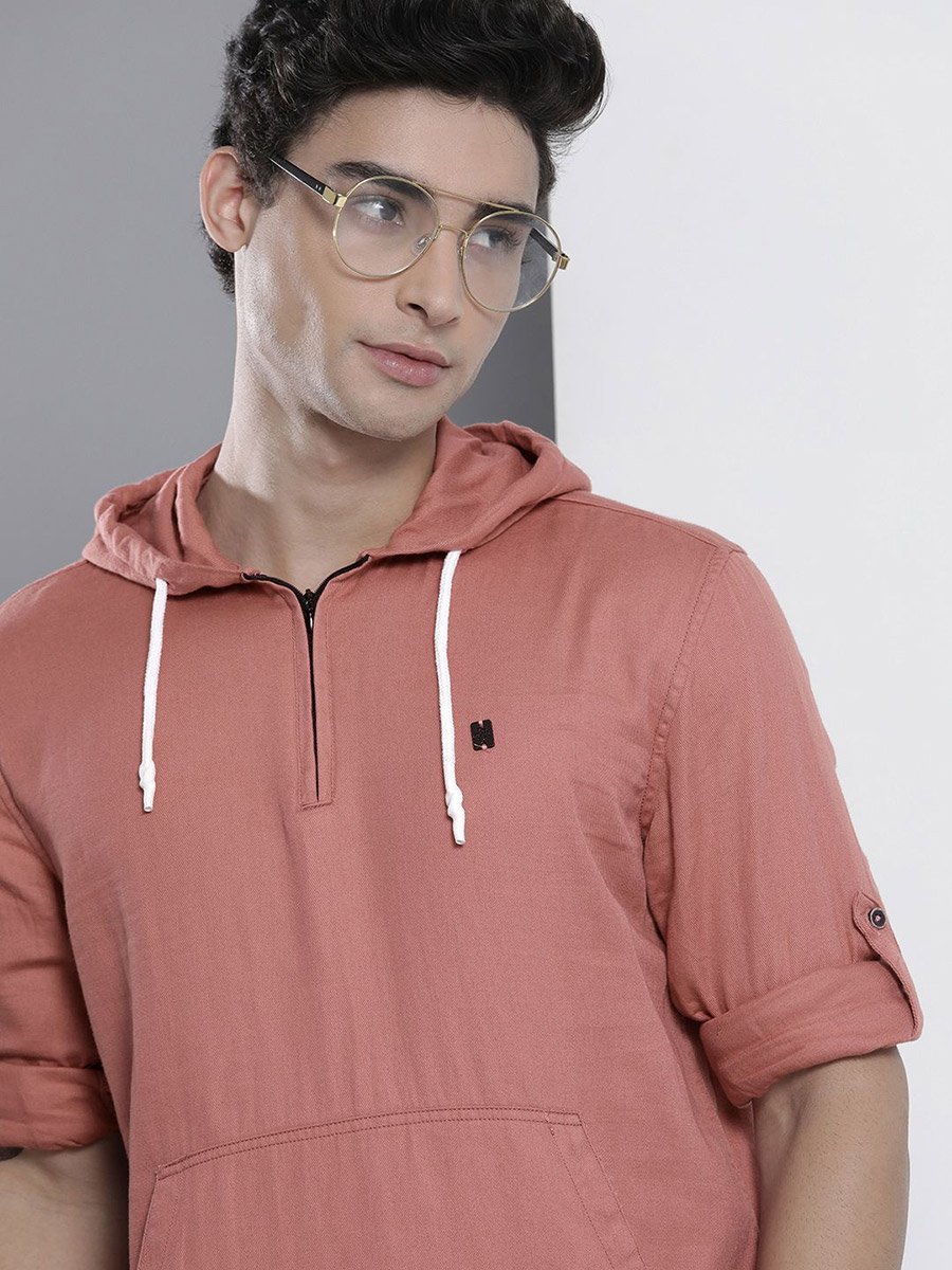 Men Pink Hooded Shirt with Quarter Zip